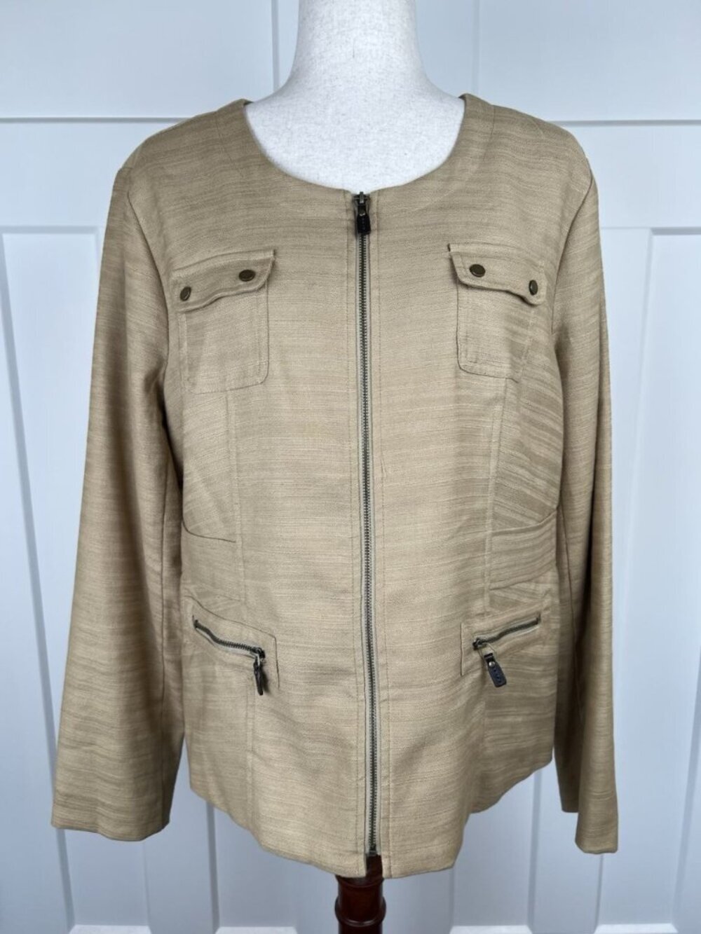 Dana Buchman Jacket Womens 16 Maize Cotton Linen Zip Utility Safari Lined